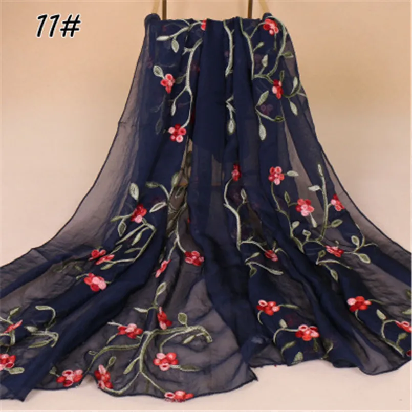 

180*75cm Summer Long Embroidered Chiffon Hijab Scarf For Women 2019 Luxury Floral Pashmina Shawls Cheap Head Scarf Foulard Mujer