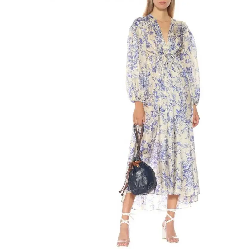 

100% Silk Women's V-neck Print Lacing High Waist Loose Long Vacation Dress