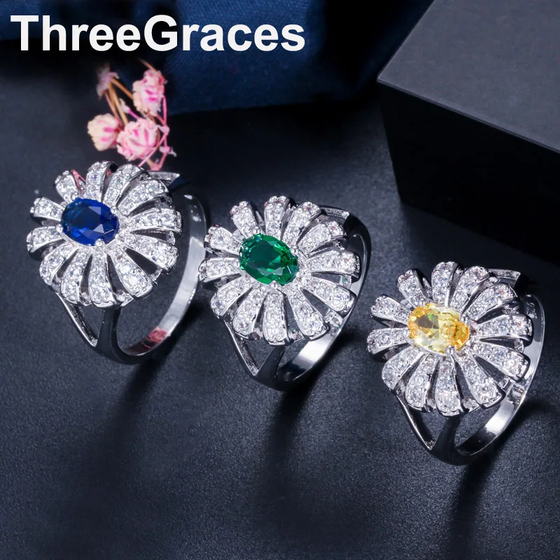 

ThreeGraces Trendy Yellow Blue Cubic Zirconia Stone Big Flower Shape Finger Ring for Women Wedding Engagement Jewelry RG028