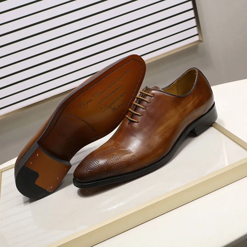 Осенние мужские модельные туфли, расписанные вручную коричневая деловая официальная оксфордская обувь из натуральной кожи мужские туфли на шнуровке