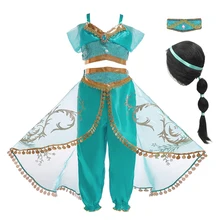 Arabian Princess Jasmine Dress Girls Cosplay Jasmine Costume Kids Sleeveless Sequined Halloween Sets Fantasy Girls Clothing