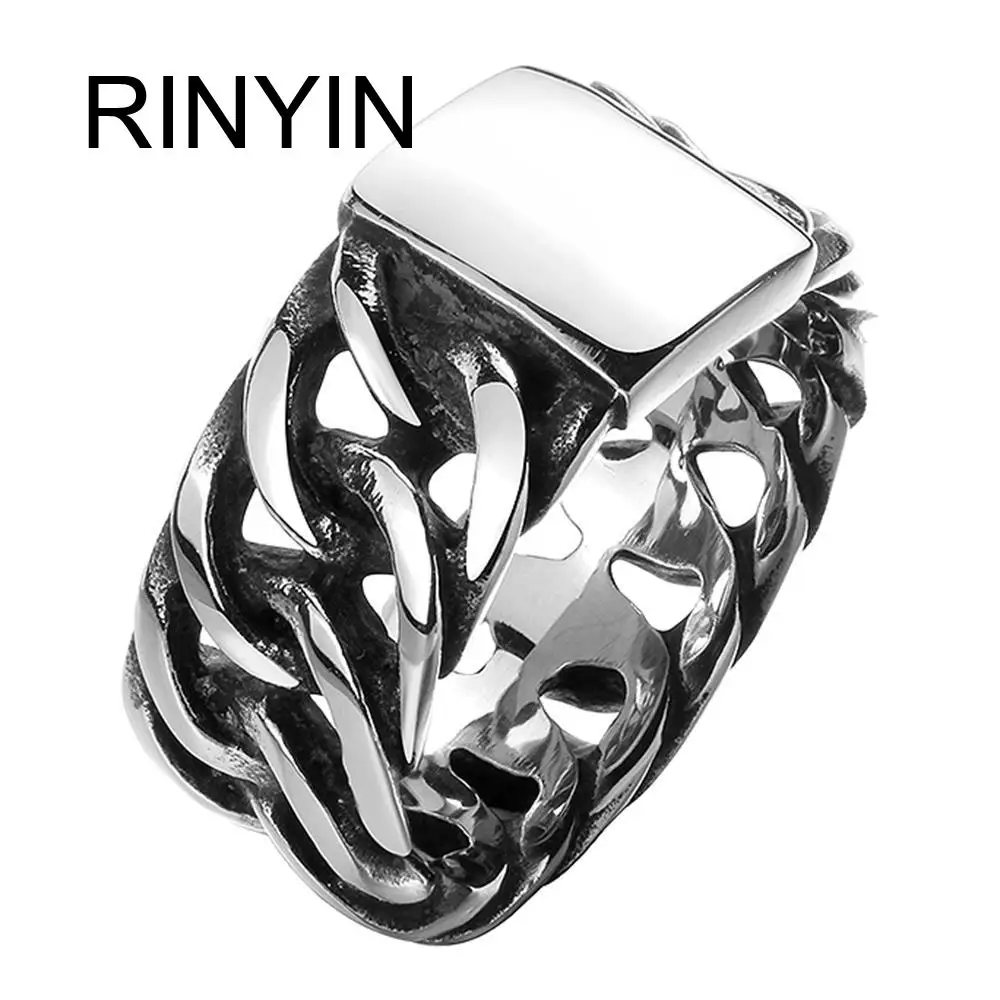 

Hot Sale Finger Art Antique Silver Retro Titanium Stainless Steel Buddha Ring Punk Biker Jewelry Wide Chain Ring