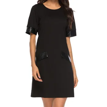 

KLV 2019 summer dress Womens latest fashion платье Round O-Neck Solid color Leather Stitching Short Dress free shipping D4