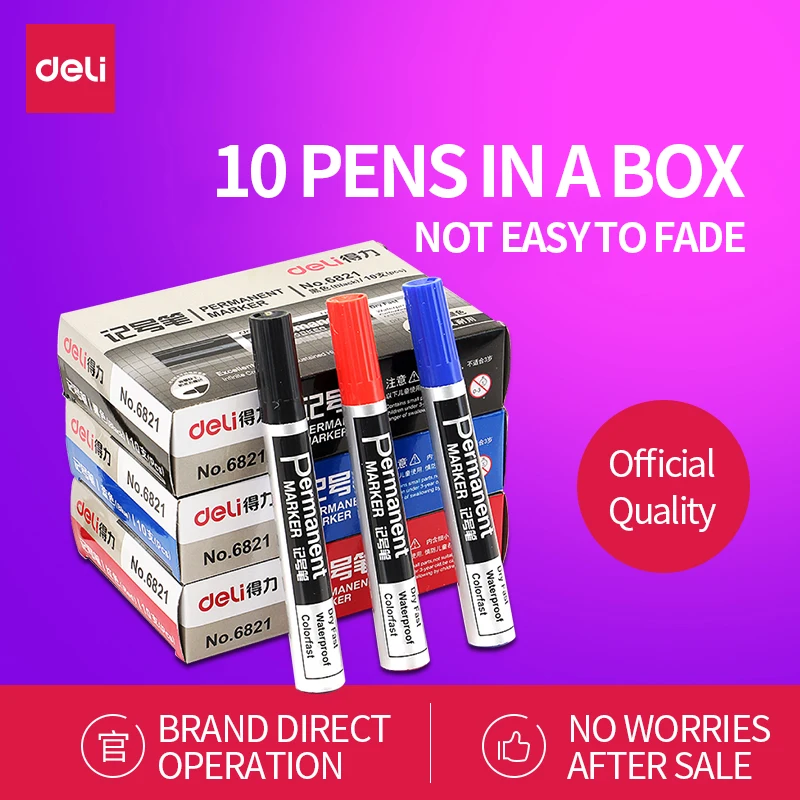 

10PCS/BOX Deli 6821# permanent marker pen 1.5mm black blue red colors marking pen oil-based ink marker pen