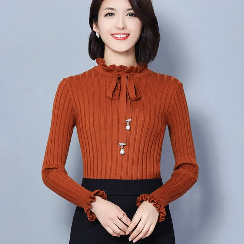 2018 Autumn Long Sleeve Bow Tie Ruffled Collar Sweaters Women Winter
