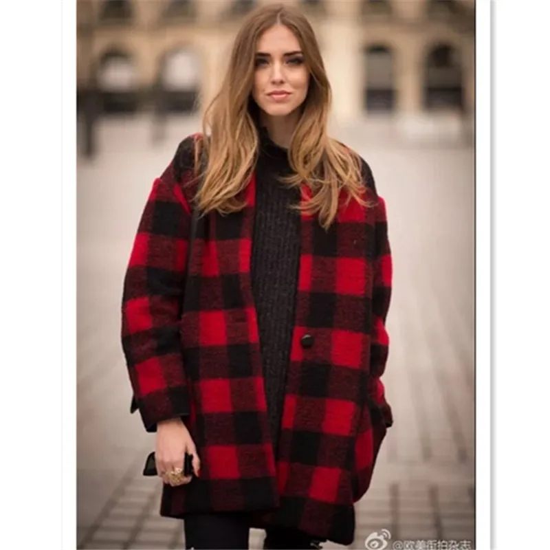 2016 New Autumn Winter Red Plaid Coat Women Woolen Jacket Fashion Slim Brand Design Casual Wool 