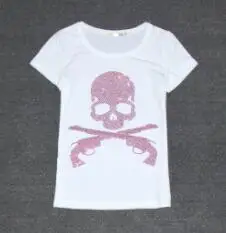 Дизайн, стразы, Череп, принт, мода, летняя повседневная женская футболка, короткий рукав, о-образный вырез, топы, футболка размера плюс 4XL - Цвет: Pink crystal