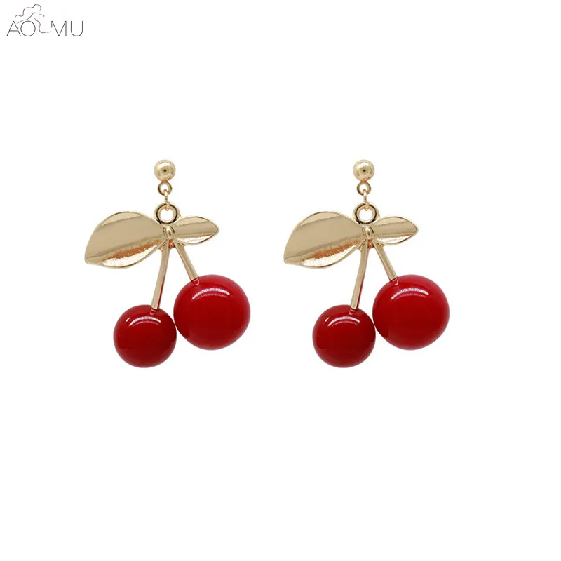 

AOMU 2019 New Japan Korea Fashion Sweet Cute Red Cherry Geometric Alloy Drop Earrings for Women Girl Wedding Party Jewelry