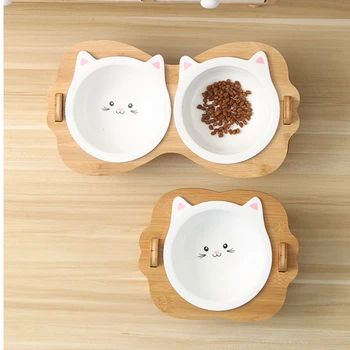 

New Pets Double Bowl Dog Cat Food Water Dog Feeder Stand Raised Ceramic Dish Bowl Wooden Table Cute Cat Bowl Pet Supplies