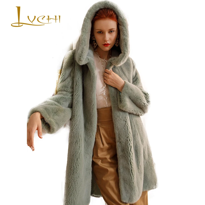 LVCHI новинка 2019 бархатное Норковое Пальто с лебедем длинным рукавом пальто
