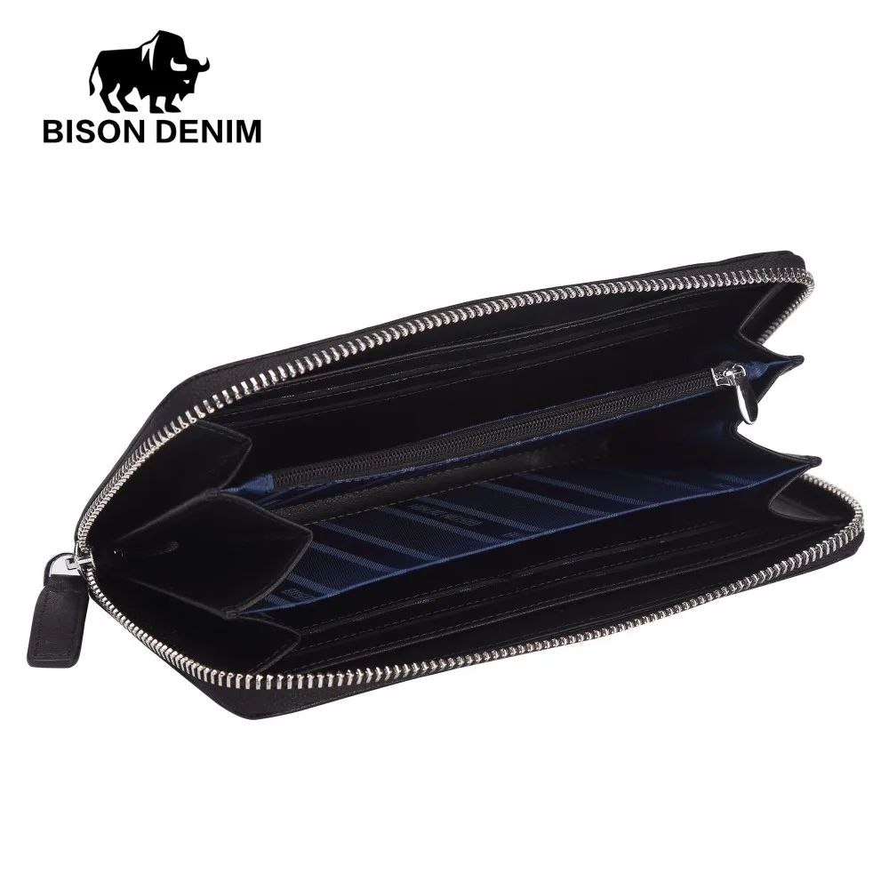 Мужской Длинный кошелек BISON DENIM черный деловой бумажник из натуральной кожи