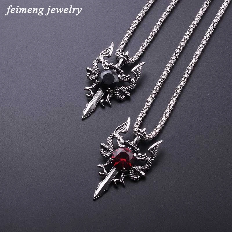 

2017 Rock Punk Sword Dragon Pedant Necklace Red/Black Crystal Bat Link Chain Necklace for Men Rock Necklace Christmas Colar Gift