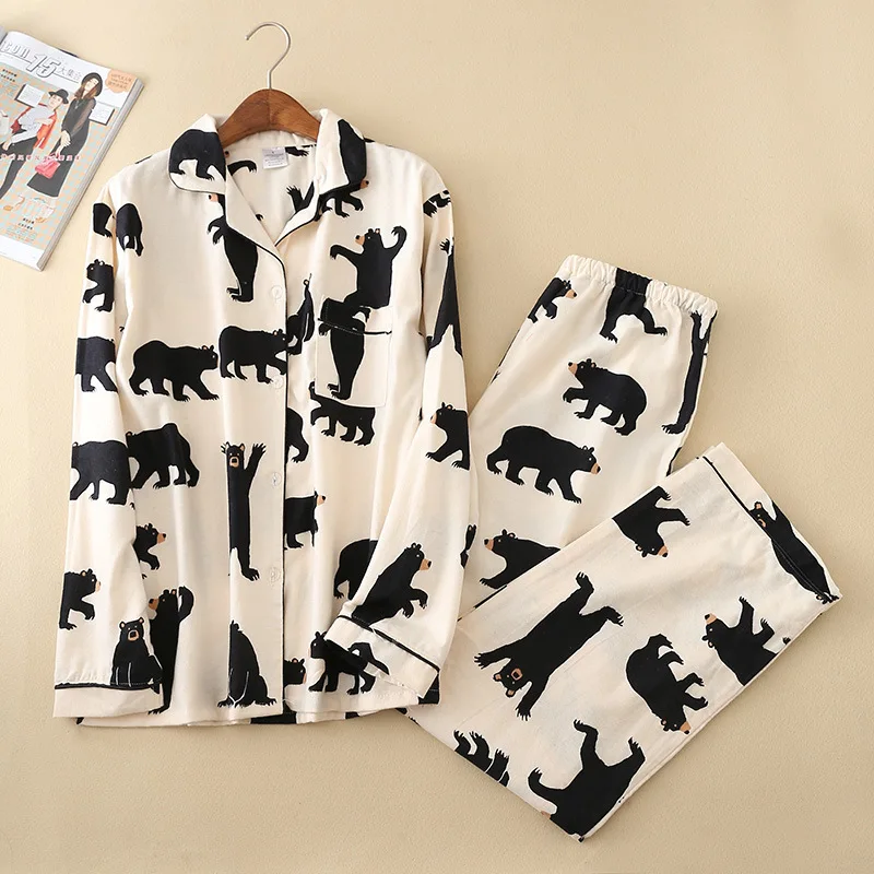 

Autumn Winter Thick Pajamas Women Cartoon Bear Brushed Cotton Long Sleeve Elastic Waist Pants Lounge Homewear pyjamas S88491