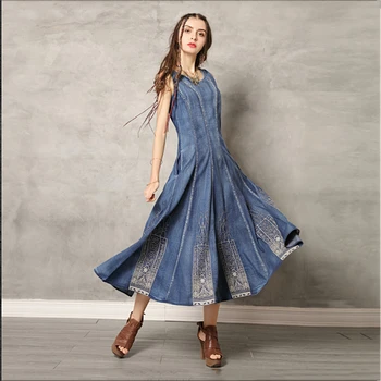

Summer S-3XL plus size denim dress 2019 women new European and American solid color round neck vest fashion dress vestidos JD187
