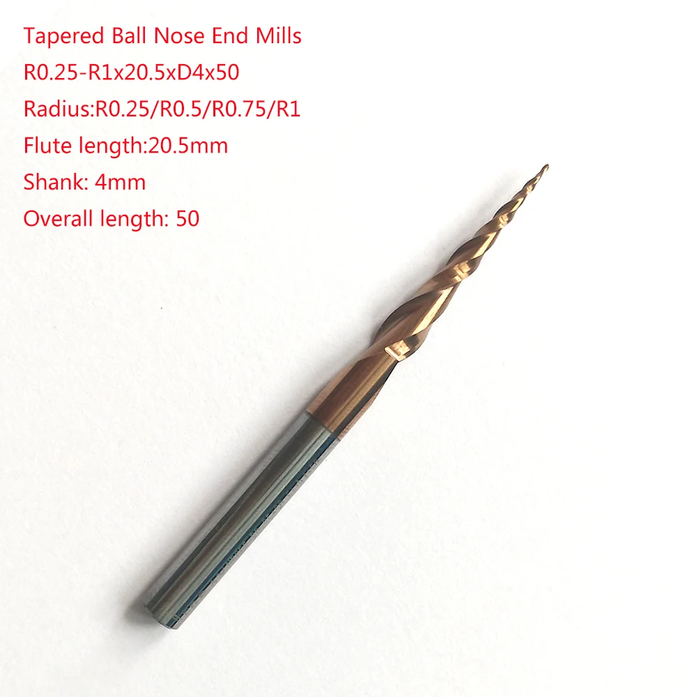 

1pc R0.25/R0.5/R0.75/R1x20.5xD4x50 shank 4mm solid carbide tapered endmills CNC engraving milling cutters