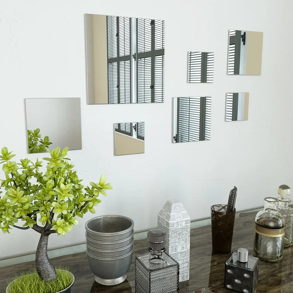 Juego de espejo de pared de 7 piezas de diferentes tamaños de vidrio cuadrado DIY decorativo espejo pegatinas de pared para sala de estar dormitorio