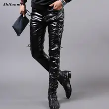 Мужские обтягивающие брюки свободного кроя из искусственной кожи осень зима веревка молния мотоцикл мода тонкий ночной клуб сценическая танцовщица брюки