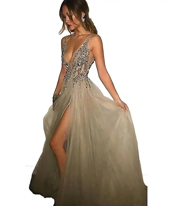 Low Back Deep V neck Sexy Champagne Prom Dresses Gown 2017 Beaded with Side Slits Formal Evening Dress Party Dress DC009