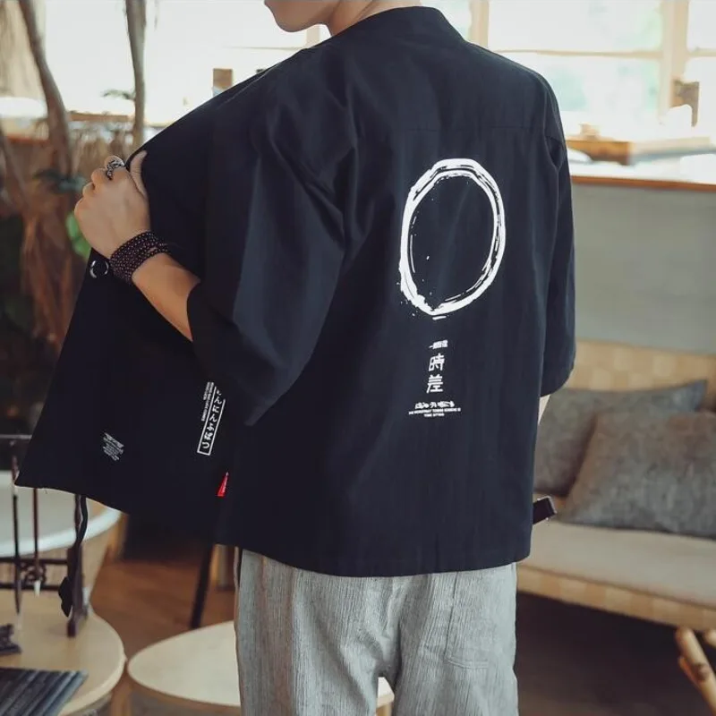 #4206 Summer Vintage Cotton Linen Kimono Jacket For Men Plus Size 5XL Thin Sunscreen Cardigan Kimono Coat Half Sleeve Outerwear