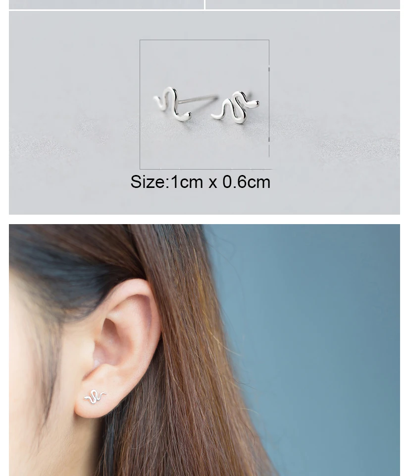 Exquisite 2018 100% 925 Sterling Silver Women's Jewelry Fashion Cute Tiny 0.6cmX1cm Snake Stud Earring Gift For Girl Kid Lady  (5)