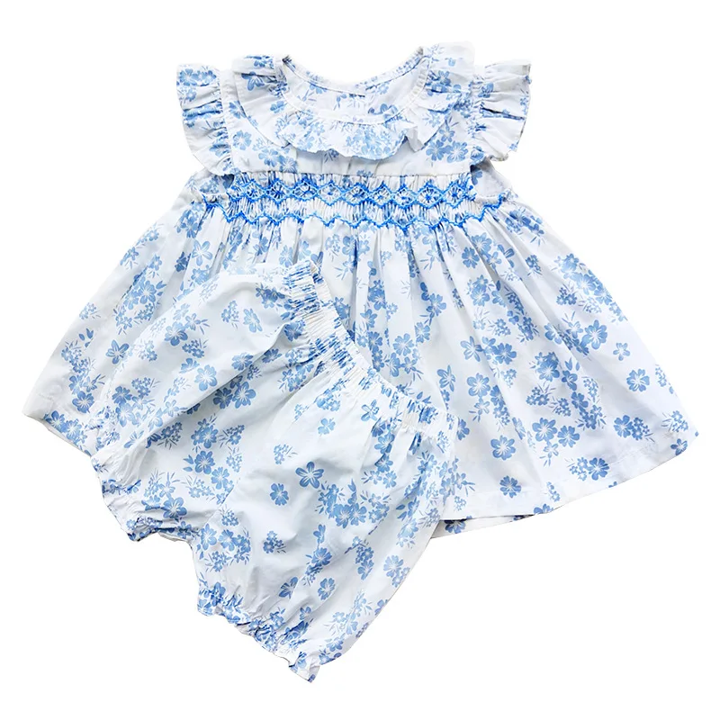 

Baby Baby Girls Smocked Waist Floral Dress with Panty Neborn Infant Summer Cotton Clothes Set Toddler Hand Smocking Frocks