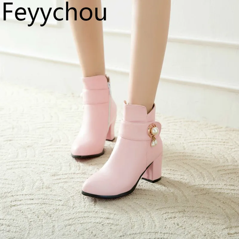 

Women Boots Winter Autumn Warm High Heels Round Toe Pu Zip Ankle Pearl Buckle Chelsea Boots 2018Sexy New Black White Size 34-43