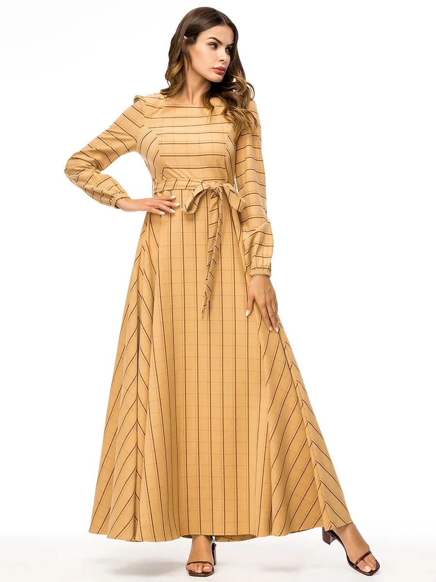 Новое Элегантное женское тонкое платье Ближний Восток платье Дубая исламское мусульманское платье с длинными рукавами с поясом 7374