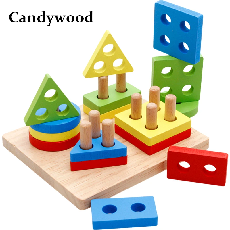 

Kids Education Montessori Toys Four sets of Columns With Geometric Shapes Building Blocks matching color blocks cross the border