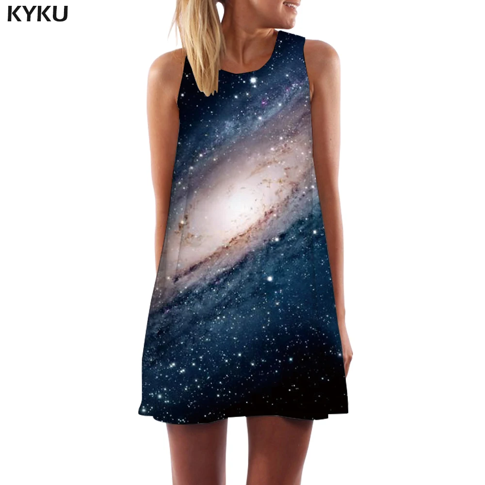 

KYKU Brand Galaxy Dress Women Space Korean Style Nebula Office Vortex Sundress Gothic Ladies Dresses Womens Clothing Tassel