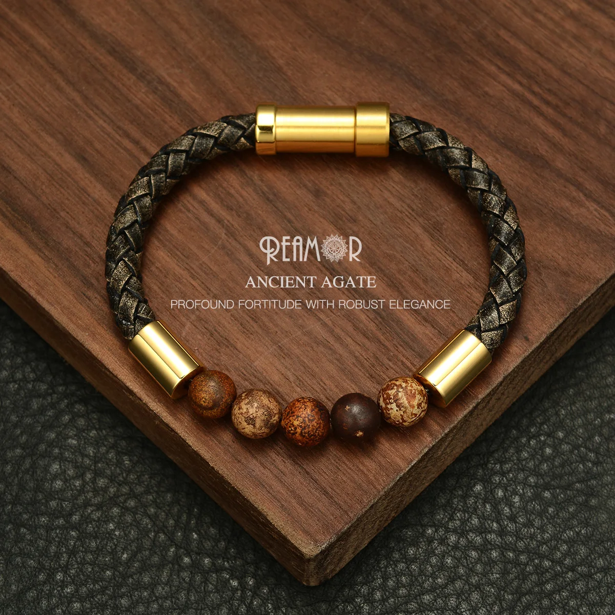 REAMOR, мужские черные плетеные кожаные браслеты, браслет из натурального камня, золото 316L, нержавеющая сталь, встроенная застежка, браслет, ювелирные изделия