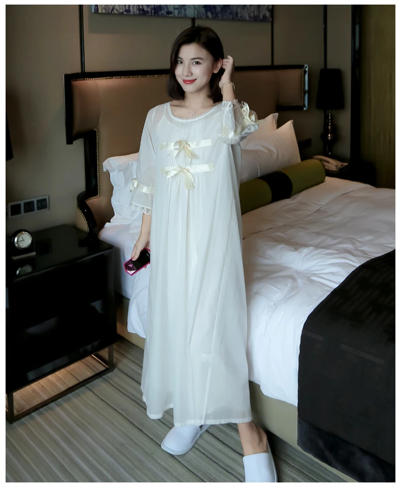 Autumn Summer White Silk Cotton 2- Pics Women's Long Nightgowns Elegant Sweet Princess Royal Loose Plus Size Sleepwear 5589