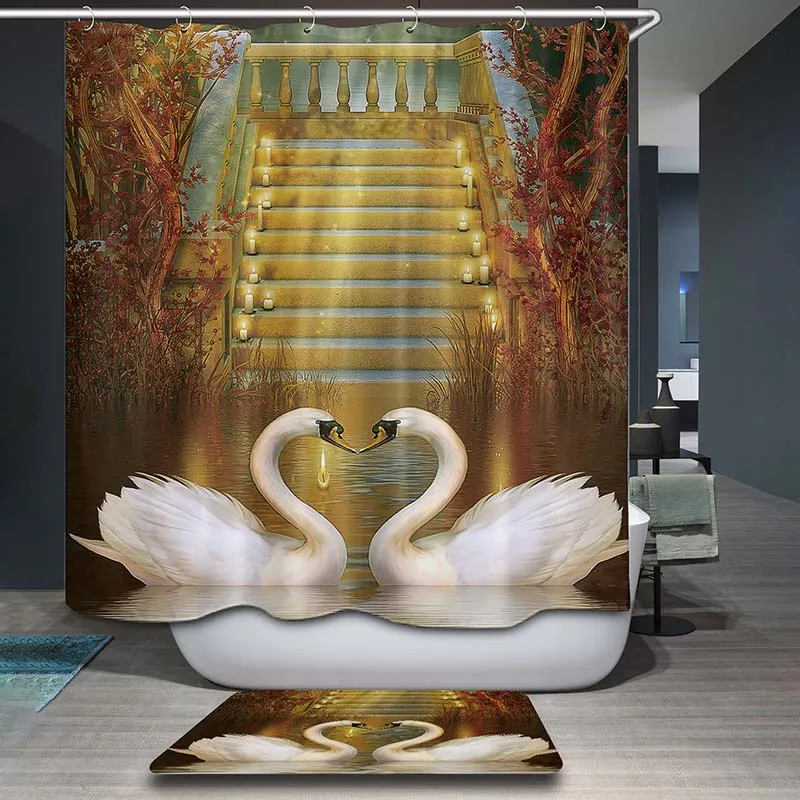 decorUhome Polyester Waterproof Heart Swan Oil Painting Crane Shower