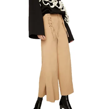 

Summer 2019 casual loose wide leg pants bow high waist pants khaki womens clothing bandage pants women