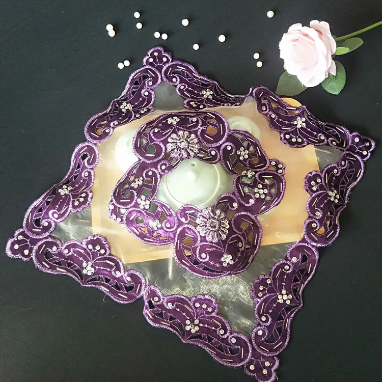 

37cm Embroidery Placemat Place Mats Tulle Sequin Lace Table Pad Party Dining Mat Cup Coaster Placemats Kitchen Table Cover RE16