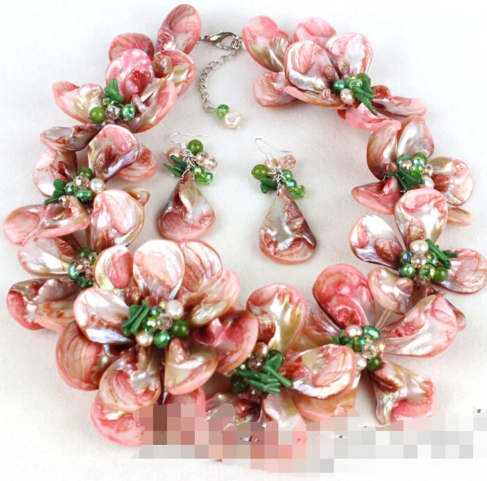 

07532 Pink Shell Pearl Coral Flower Necklace/Earring Set