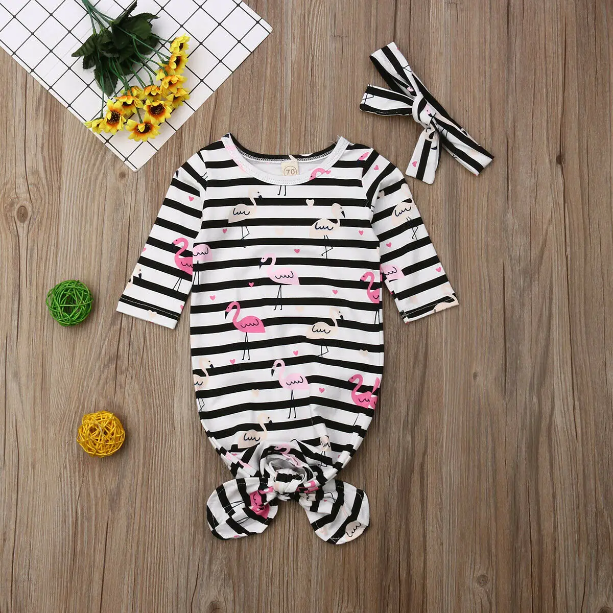 Милая одежда для сна с длинными рукавами и рисунком фламинго для новорожденных мальчиков и девочек 0-9 месяцев, повязка на голову, 2 предмета