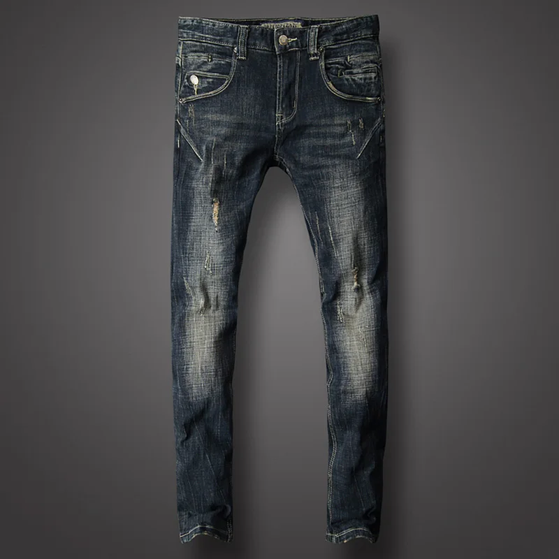 

Fashion Classical Men Jeans Dark Color Slim Fit Ripped Jeans For Men Streetwear Hip Hop Pants hombre Spliced Biker Jeans homme