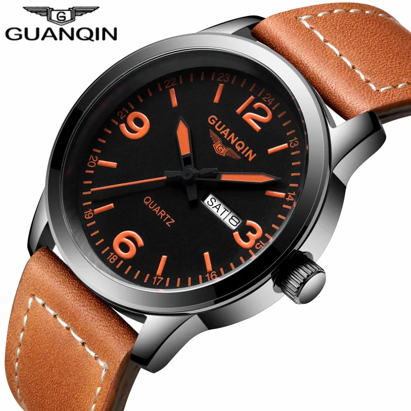 

NEW GUANQIN Mens Business Watches Top Brand Luxury Waterproof Week Date Top Brand Luxury Leather Strap Quartz Watch Montre Homme