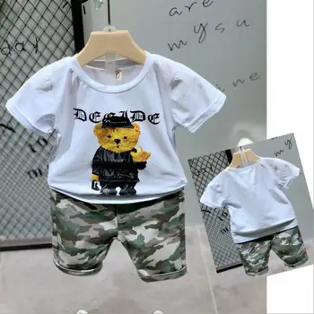

2pieces Kid Short sleeve Cartoon bear T shirt Top and Camouflage Pants Set For Toddler and Baby Boys Clothes set