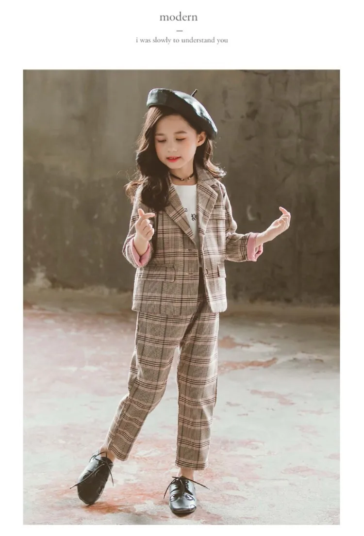 

Girl Formal Plaid Suits Coat+Pants Girl Clothes Set Children Costume Stage Performance Host Shows Girl Quality Suits 110-160