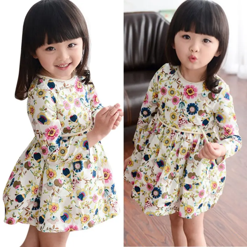 

2-6Y Sweet Kids Girls Floral Pattern Dress Round Neck Long Sleeve Dresses