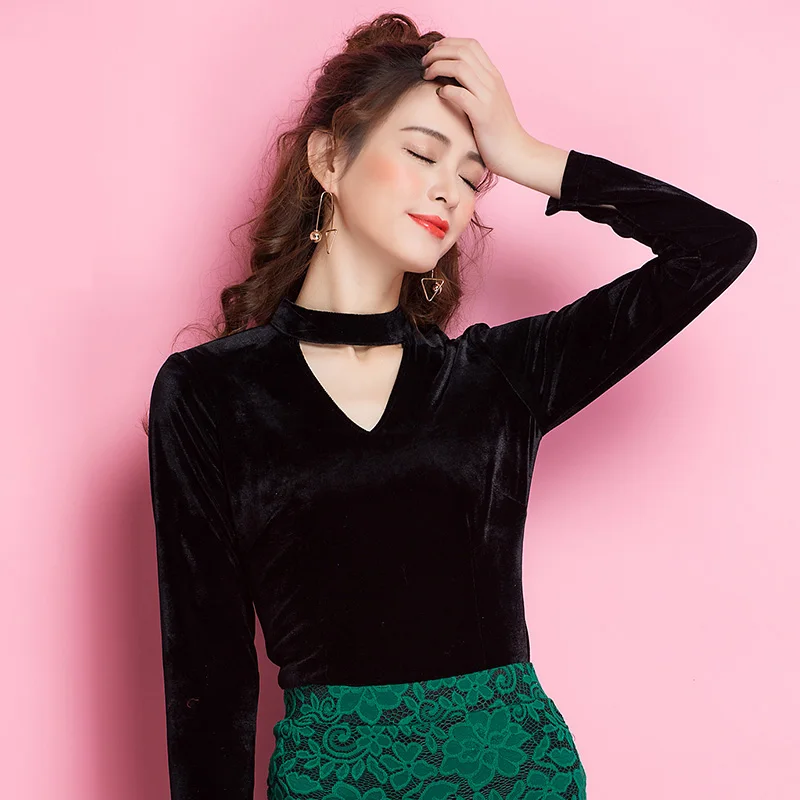 

Ballroom Modern velvet Latin dance clothes top for women/female dancers,Black Long-sleeve V-neck Costume performance wear YC1402
