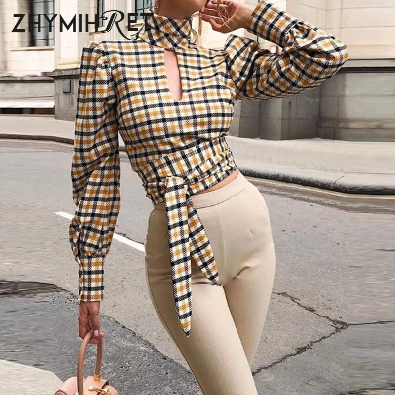 

ZHYMIHRET Korean Style Cotton Plaid Women's Blouse Open Back Long Lantern Sleeve Crop Tops Side Tie Backless Turtleneck Blusas