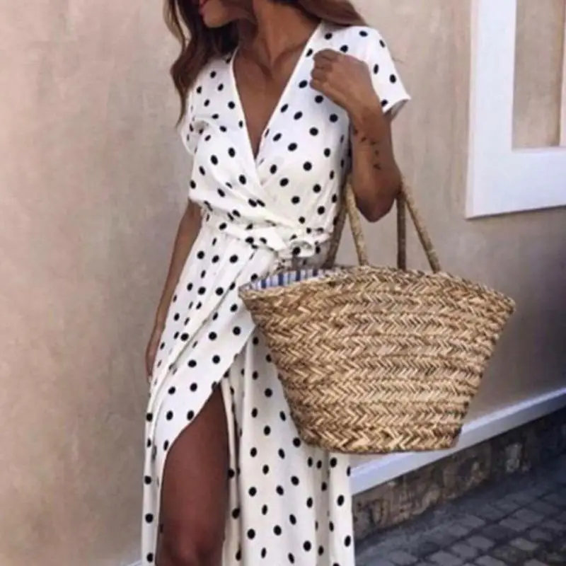 Beach Summer Ladies Long Dress Red White Dot V-neck Women Evening Party Sundress Vestidos de festa Dresses Beach Summer Ladies Long Dress Red White Dot V-neck Women Evening Party Sundress Vestidos de festa Dresses