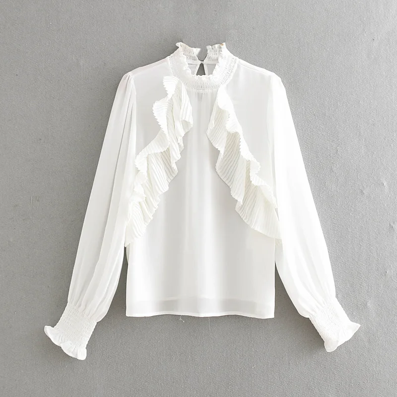 

women fashion agaric lace solid color casual blouses shirts women pleated ruffles decoration blusas chiffon chemise tops LS3527