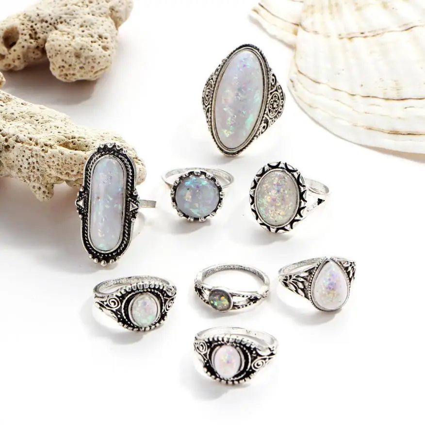 Фантастические 8 шт. ювелирные кольца в стиле бохо, серебряные кольца с натуральным имитацией лунного камня маркизы, персонализированное кольцо, роскошные украшения Anillos