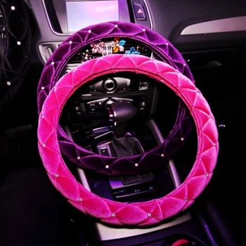 

Winter Flannelette Car Steering Wheel Cover Crystal Rhinestone Fur Steering-Wheel Covers Cases Pink Car Interior Accessories