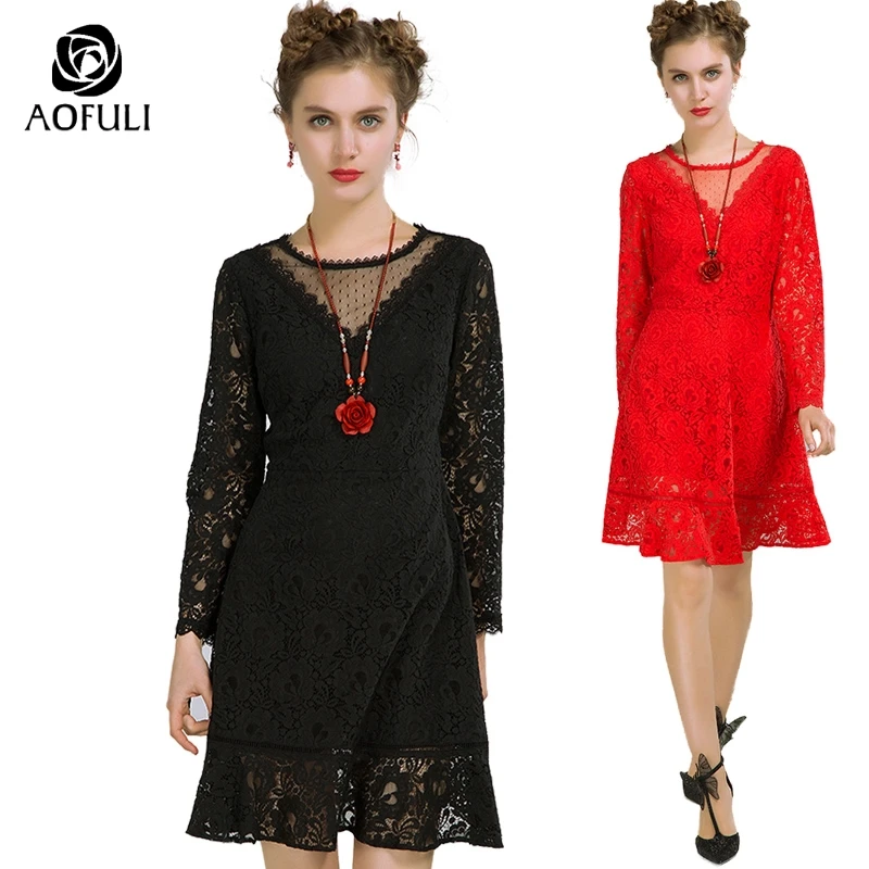 

AOFULI L - 3xl 4xl 5xl Plus Size Lace Dress Sexy Spring Floral Lace Plus Size Long Sleeve Knee-length Dress Black Red 1003