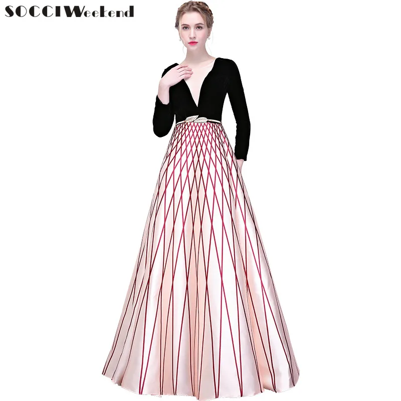 

SOCCI Weekend Robe De Soiree 2019 New Evening Dress Banquet Black Velour with Stripe Floor-length Long Sleeved Prom Party Gowns