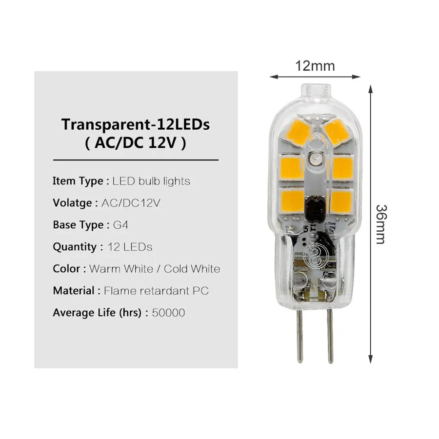 10 шт./лот, 3 Вт, 12 Светодиодный s SMD 2835 G4 светодиодный светильник, переменный ток, постоянный ток, 12 В, лампочка, светильник, замена 20 Вт, 30 Вт, галогенная лампа для люстр, Теплый Холодный белый цвет - Испускаемый цвет: Transparent